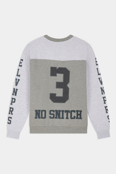 Sweat col rond Fatal Gris Chiné à plat, vue de dos, grand chiffre 3 et inscription NO SNITCH, manches ELVNPRS