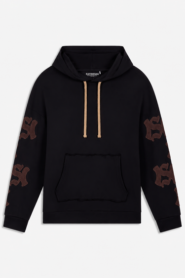 Sweat à capuche Fendy Noir à plat, vue de face, cordons beiges, poche kangourou et lettres gothiques marron sur les manches