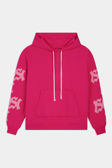 Sweat à capuche Fendy Rose à plat, vue de face, cordons roses, poche kangourou et lettres gothiques roses sur les manches