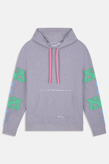 Sweat à capuche Fendy Gris Chiné à plat, vue de face, cordons roses et lettres gothiques vertes et bleues sur les manches