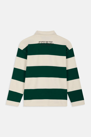 T-shirt polo à manches longues Feva Vert à plat, vue de dos, rayures vertes et écrues, inscription noire sous le col