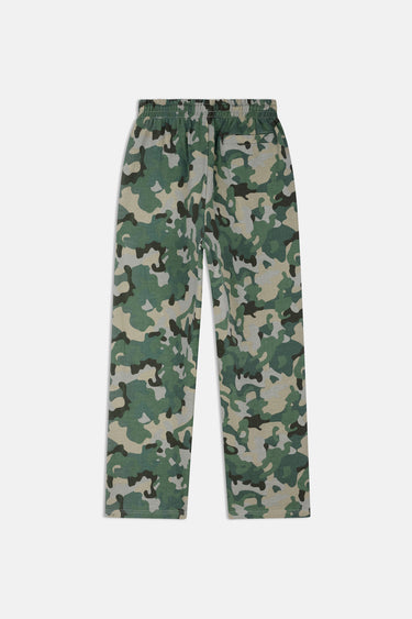 Pantalon Fiby Camouflage à plat, vue de dos, jambes droites et taille élastique, motif camouflage vert