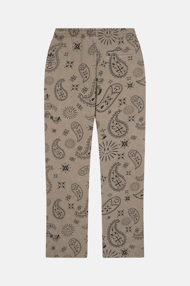 Pantalon Fiby Bandana Kaki à plat, vue de dos, motif bandana cachemire noir sur fond beige kaki