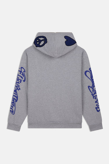 Sweat zippé à capuche Fidji Gris Chiné à plat, vue de dos, écussons peace et cœur bleu marine sur la capuche