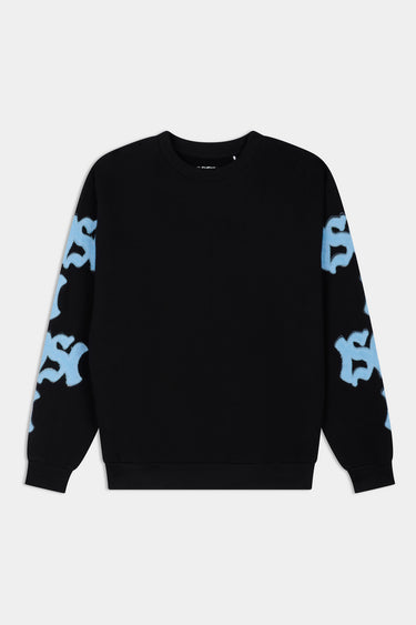 Sweat col rond Fifty Noir de face à plat, manches ornées de lettrages bleu ciel en relief