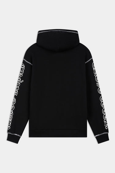 Sweat à capuche zippé Filona Noir de dos à plat, capuche et surpiqûres grises, lettrage blanc sur les manches