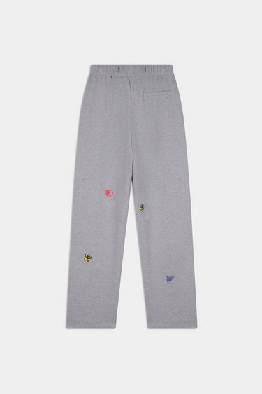Jogging Filya Gris Chiné de dos à plat, poche passepoilée et petits motifs brodés cœur, fleur et papillon