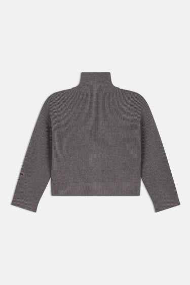 Cardigan Finlande Gris en maille côtelée de dos à plat, col montant et manches longues