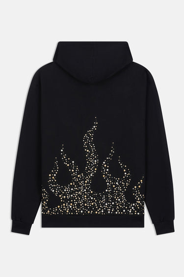 Sweat à capuche Flarion Noir de dos à plat, grande flamme en strass et clous argentés et dorés sur le bas du dos