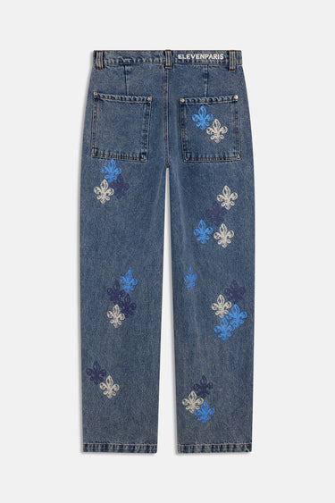 Pantalon Flex Bleu Jean de dos à plat, deux poches plaquées, étiquette Elevenparis et fleurs de lys bleues et blanches