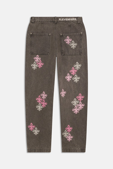 Pantalon Flex Gris de dos à plat, deux poches plaquées, étiquette Elevenparis et fleurs de lys roses et blanches