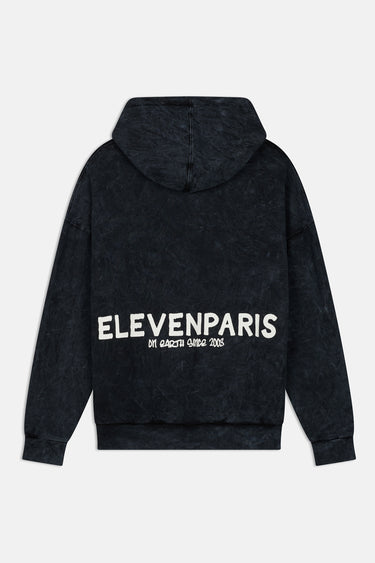 Sweat à capuche Fliper Noir Délavé de dos à plat, grande inscription blanche Elevenparis en bas du dos
