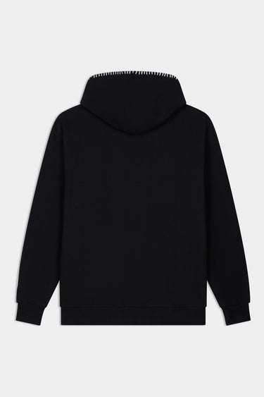 Sweat à capuche Flocon Noir de dos à plat, bordure de capuche à surpiqûres blanches, sans motif