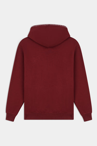 Sweat à capuche Flocon Bordeaux de dos à plat, uni, bordure de capuche à surpiqûres blanches