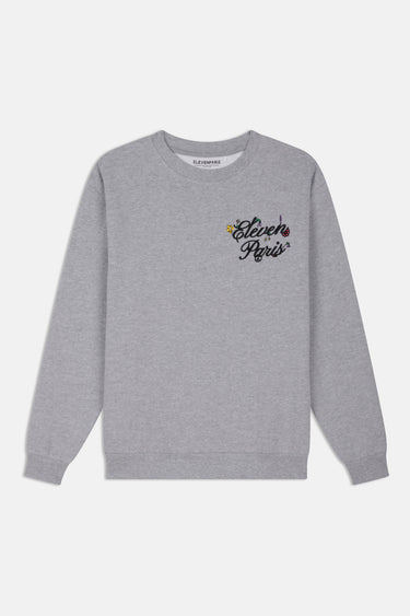 Sweat col rond Flora Gris Chiné de face à plat, broderie noire Eleven Paris en lettres cursives sur la poitrine