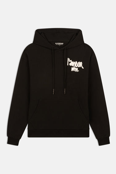 Sweat à capuche Florian Noir de face à plat, petite inscription blanche l'amour win sur la poitrine, cordons noirs