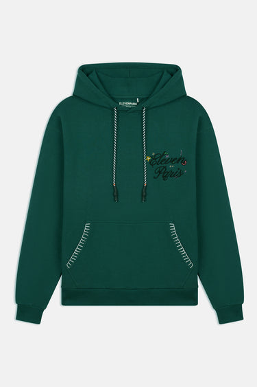 Sweat à capuche Folezia Vert de face, cordons rayés, broderie Eleven Paris et surpiqûres blanches sur la poche