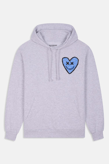 Sweat à capuche Fontenay Gris Chiné de face, coeur bleu brodé à yeux en croix sur la poitrine