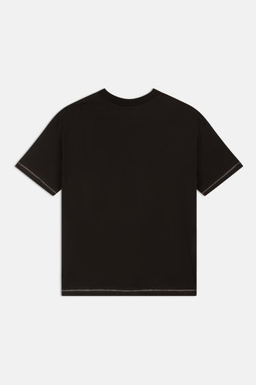 T-shirt Foufou Noir de dos sur fond blanc, col rond et surpiqûres claires aux manches et à l'ourlet