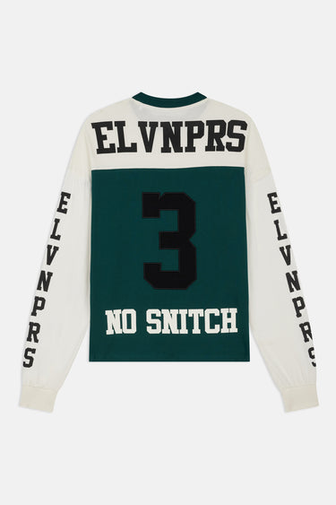 T-shirt manches longues Freddy Vert de dos sur fond blanc, inscription ELVNPRS, numéro 3 noir et NO SNITCH