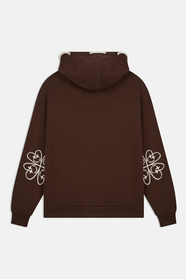 Sweat à capuche Fresh Marron de dos sur fond blanc, trèfles en coeurs brodés écrus sur les manches