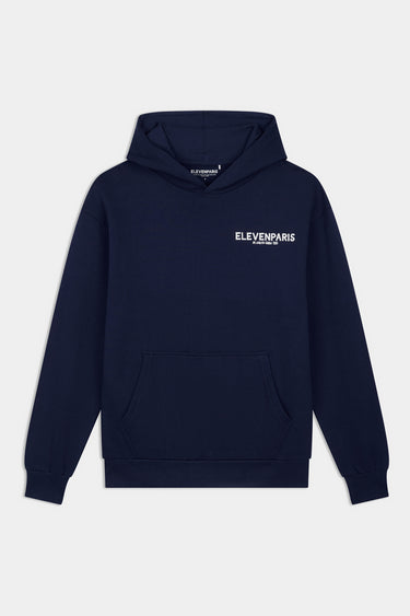 Sweat à capuche Fuzz Bleu Marine de face sur fond blanc, inscription ELEVENPARIS blanche et poche kangourou