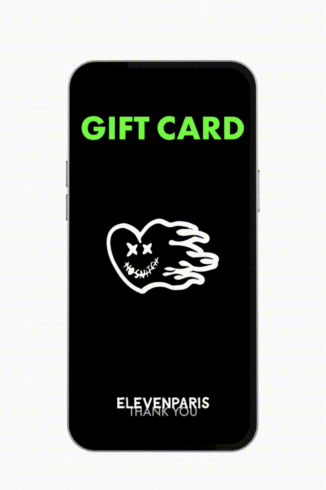 Carte cadeau Elevenparis affichée sur un écran de téléphone, fond noir, coeur souriant blanc et mention Thank you