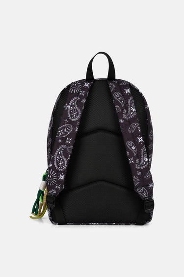 Sac à dos Jalley Bandana Noir vu de dos, bretelles noires et motif bandana, cordon vert sur le côté