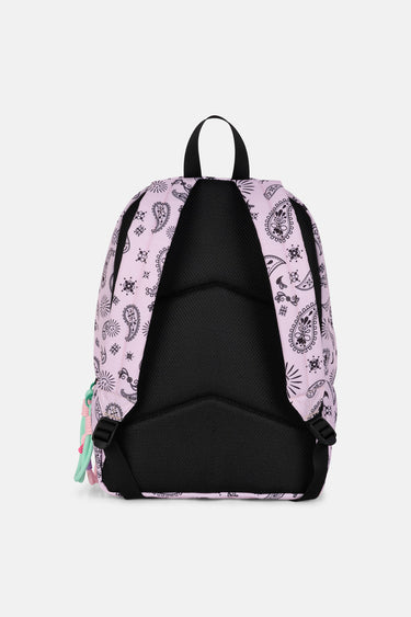 Sac à dos Jalley Bandana Rose vu de dos, bretelles noires matelassées et motif bandana lilas