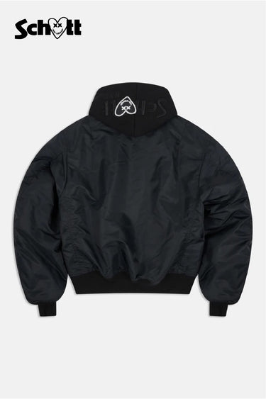 Veste bomber Eschott Noir vue de dos à plat, capuche noire avec cœur et inscription brodés