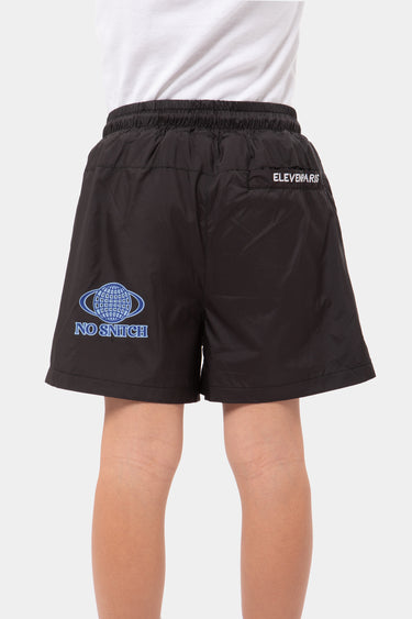 Short enfant Jabali Noir vu de dos, inscription Eleven Paris sur la poche et globe bleu No Snitch