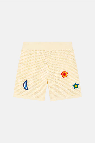 Short en maille ajourée Jabba Écru vu de dos à plat, lune, fleur et étoile brodées
