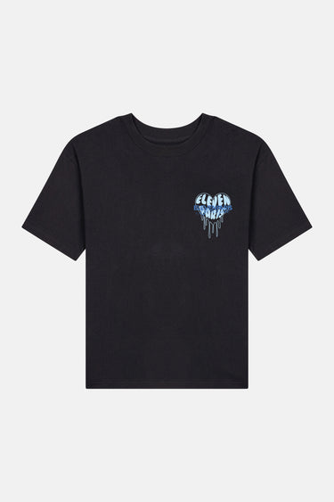 T-shirt Jais Noir à plat de face, petit cœur bleu qui coule avec inscription Eleven Paris sur la poitrine