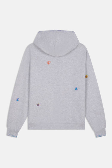 Sweat à capuche Jalya Gris Chiné à plat de dos, fleurs et cœur brodés, bord de manche bleu