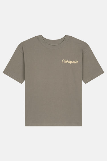 T-shirt Jamaica Kaki à plat de face, inscription Elevenparis beige en écriture cursive sur la poitrine