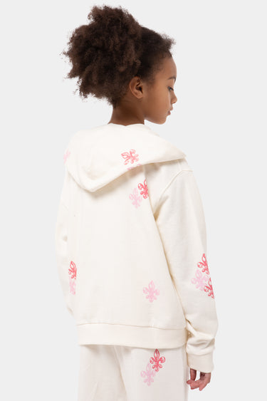 Sweat à capuche enfant Jamelia Écru vu de dos et de profil sur une fille, fleurs de lys roses sur la capuche et la manche