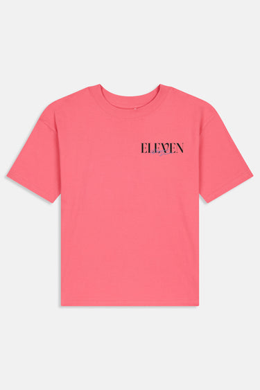 T-shirt Jam Rose à plat de face, petite inscription Eleven noire sur la poitrine côté gauche