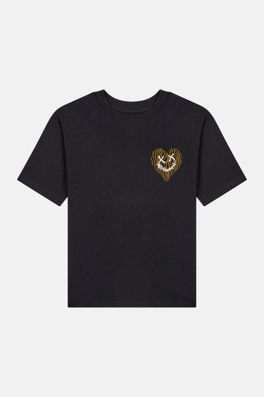 T-shirt Janiel Noir à plat de face, petit cœur zébré doré au visage souriant sur la poitrine
