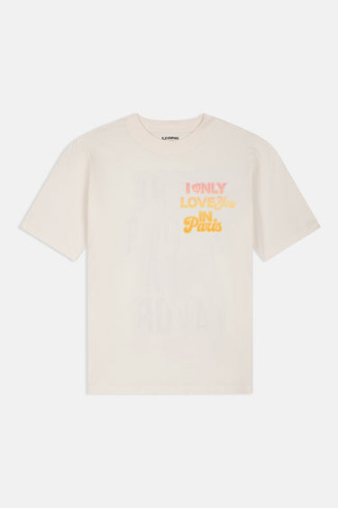 T-shirt Jaris Écru à plat de face, inscription I Only Love You in Paris rose et orange sur la poitrine