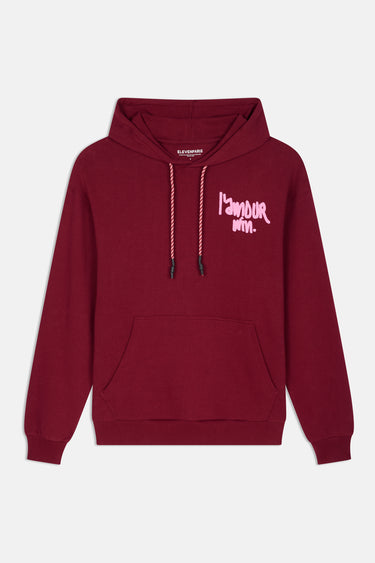 Sweat à capuche Javalentin Bordeaux à plat, de dos, grand coeur rouge et inscription rose In the end l'amour win