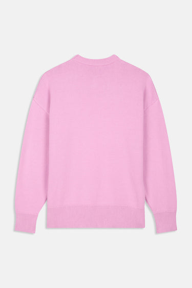 Pull Jedmo Rose à plat, vue de dos, maille unie rose et bas côtelé