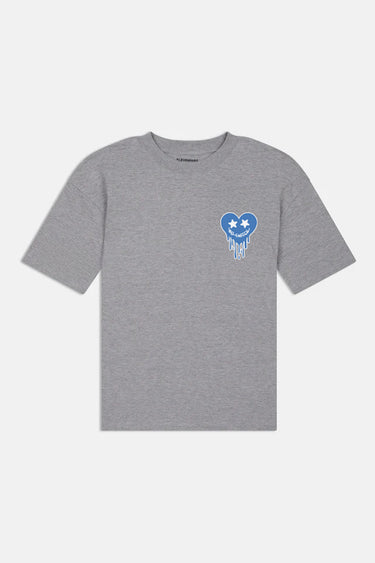 T-shirt Jelly Gris Chiné à plat, vue de face, petit coeur bleu à étoiles blanches qui coule sur la poitrine
