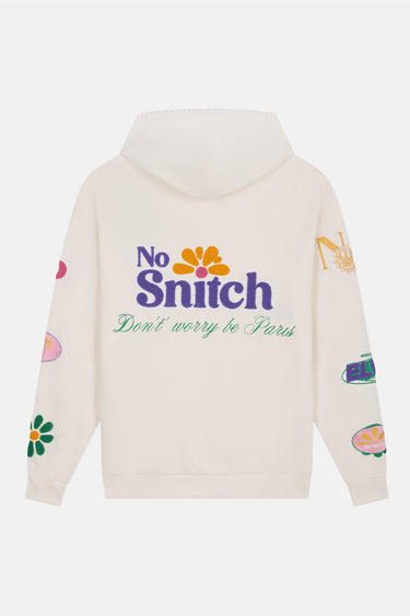 Sweat à capuche Jenna Écru à plat, de dos, inscription No Snitch Don't worry be Paris et écussons sur les manches