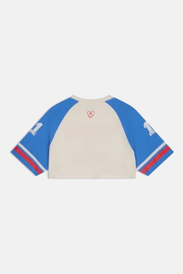 T-shirt Jenny Bleu court à plat, vue de dos, manches raglan bleues numérotées 11 et petit coeur rouge sur la nuque