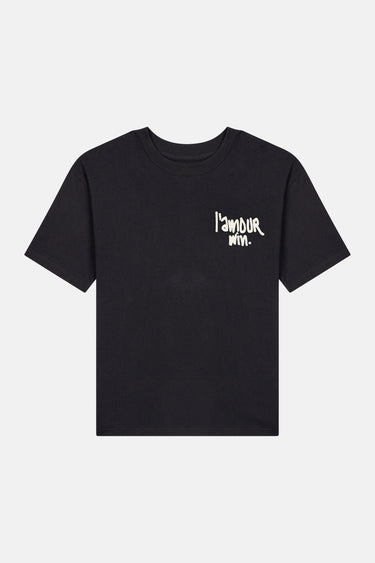 T-shirt Jentin Noir à plat, vue de face, petite inscription crème l'amour win sur la poitrine