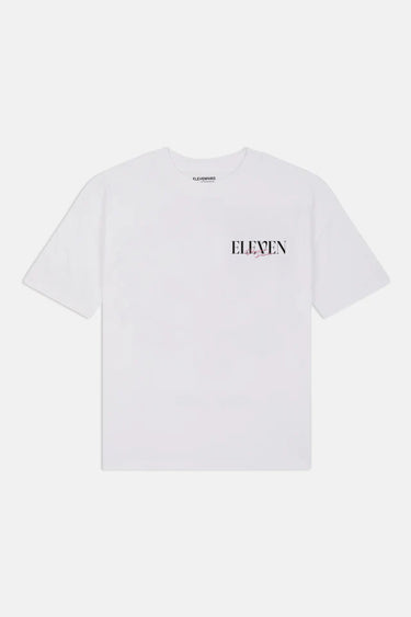 T-shirt Jerry Blanc à plat, vue de face, petite inscription Eleven noire et rose sur la poitrine
