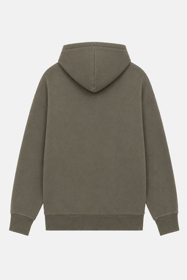 Sweat à capuche Jeuda Kaki à plat, vue de dos, capuche, poignets et bas côtelés, sans motif