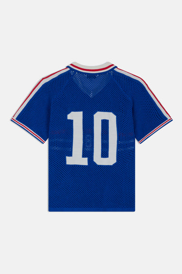Maillot Jfrance Bleu en maille ajourée à plat, vue de dos, grand numéro 10 blanc et col polo crème