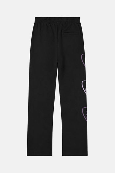 Jogging Jill Noir à plat, vue de dos, poche plaquée sous la taille et cœurs violets sur la jambe droite