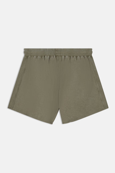 Short Joa Kaki à plat, vue de dos, taille élastiquée et coupe évasée au ourlet brut